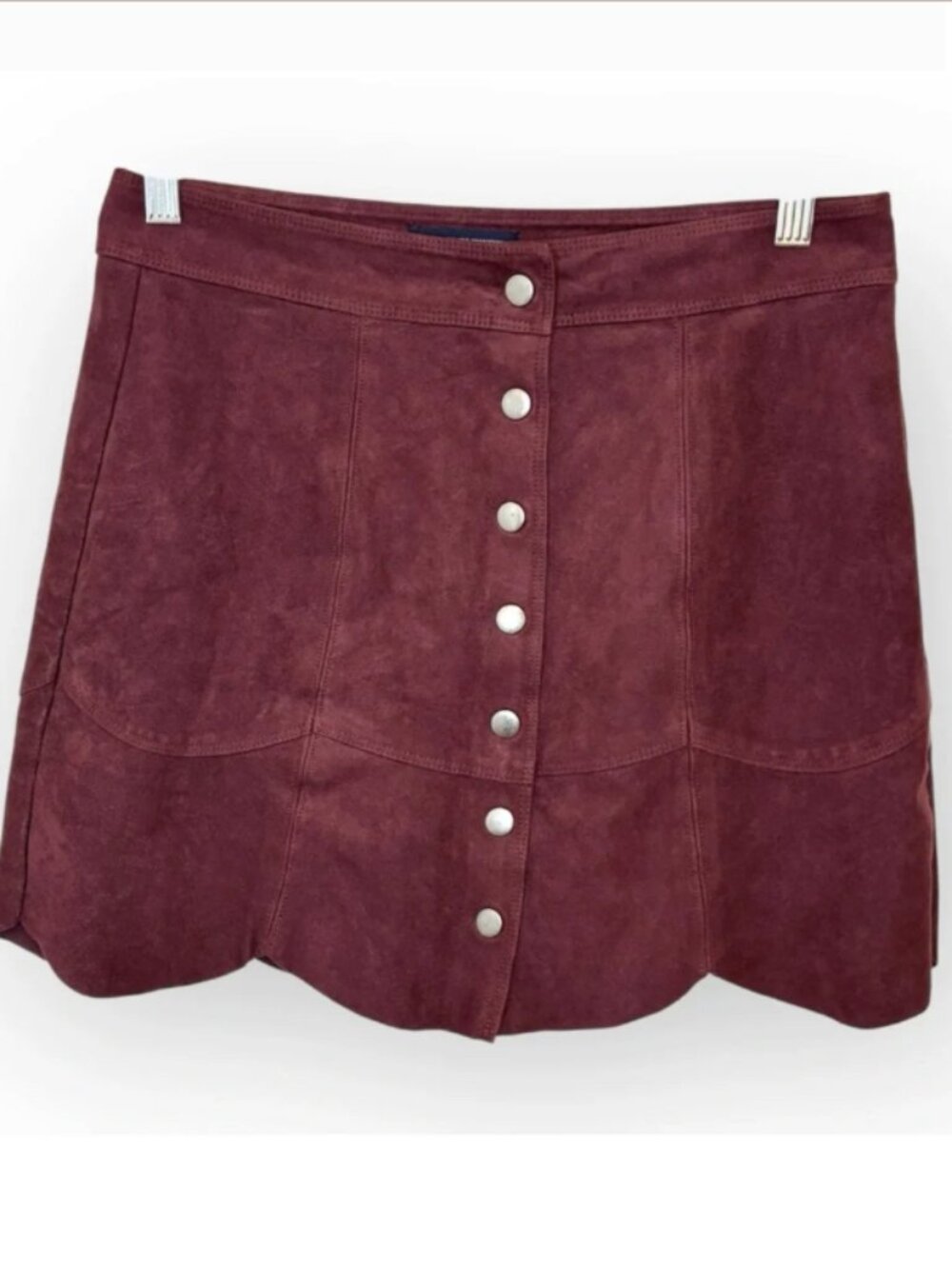 American Eagle Burgundy Faux Suede Button Front A-Line Mini Skirt Boho Size 6